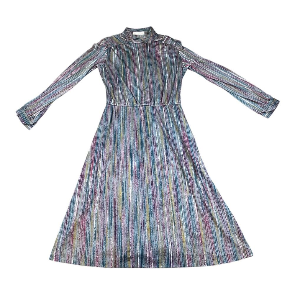 VTG 70s Metallic Striped Midi Dress High Neckline Shirtdress Long Sleeve SMALL‎